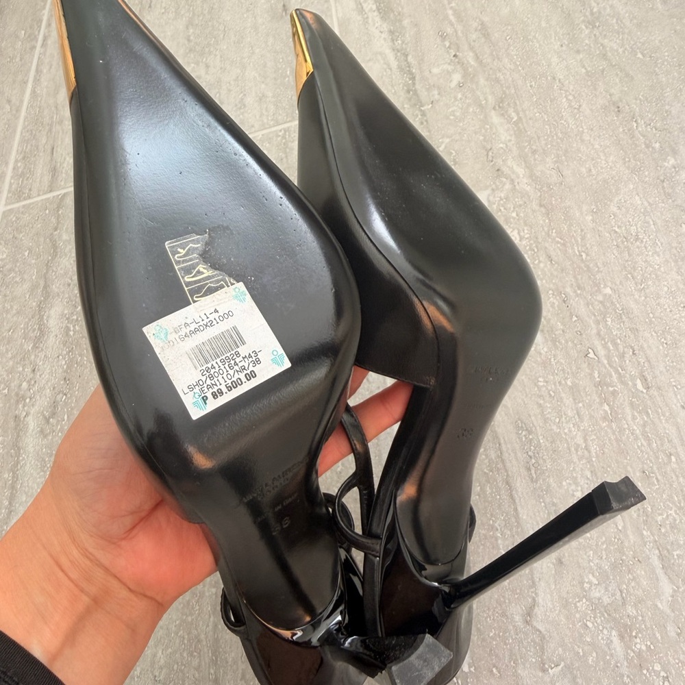Brand New Saint Laurent Jeanne Black Slingback Heels with Gold Toe Accent - Picture 11 of 15